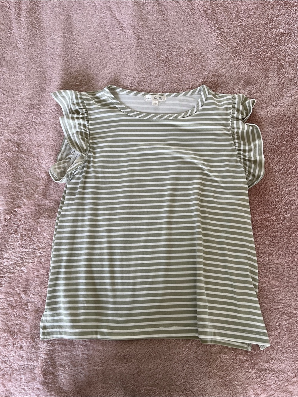 Brand new!! Ruffled Sage and White Sleeve Striped Tee